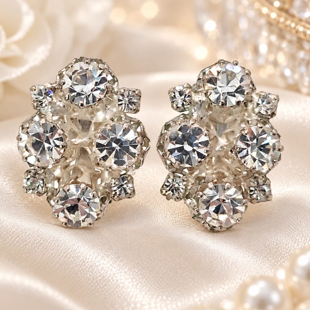 Vintage Austria Rhinestone Cluster Clip On Earrings Bridal Old Hollywood Glam